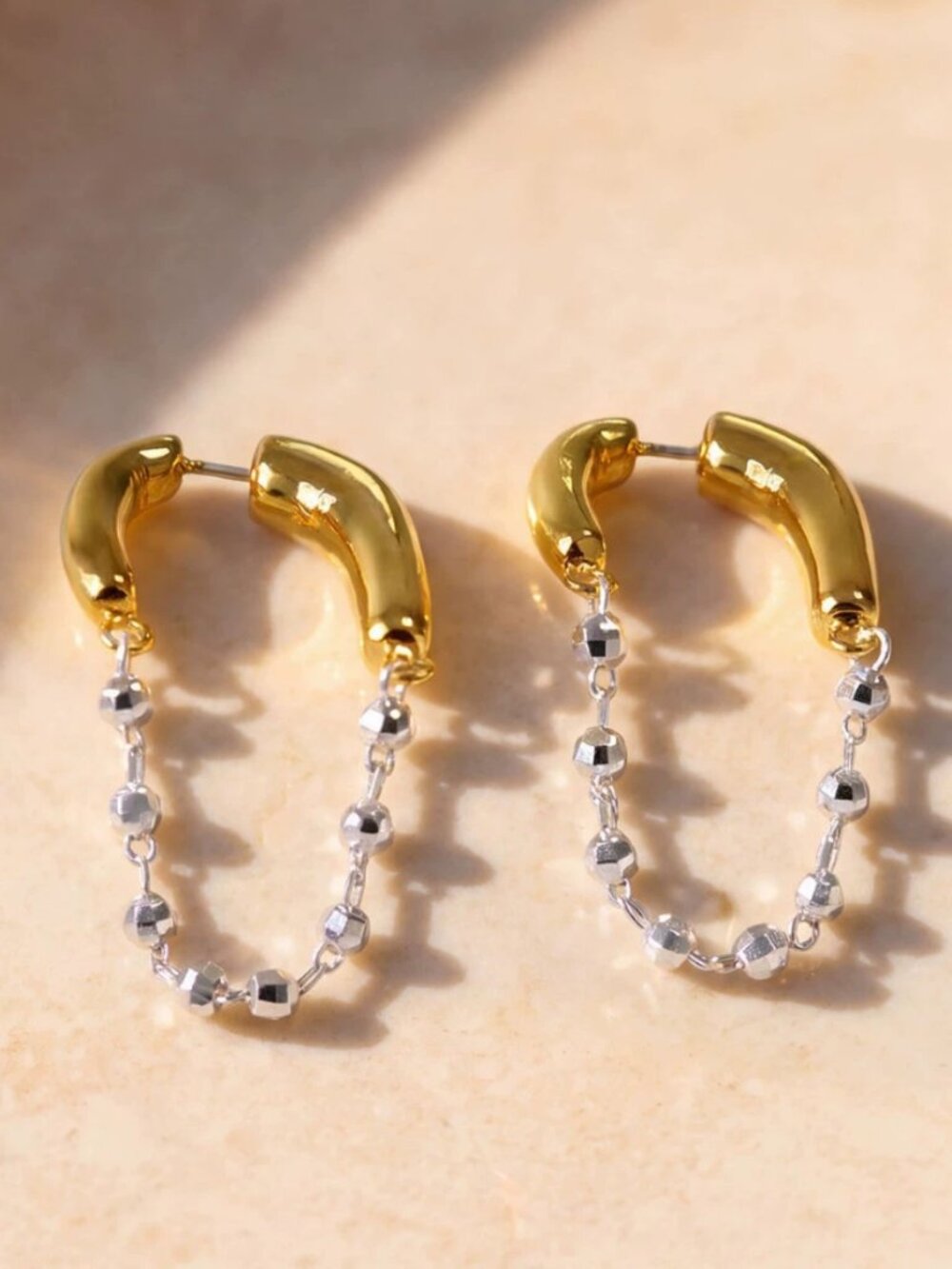 Two-tone Curved Hoop Silver Chain Drop Earrings